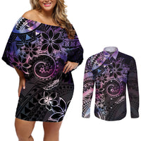 Polynesian Sunset Plumeria Couples Matching Off Shoulder Short Dress and Long Sleeve Button Shirt Galaxy Polynesian Tattoo LT05 Galaxy - Polynesian Pride