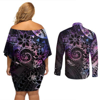 Polynesian Sunset Plumeria Couples Matching Off Shoulder Short Dress and Long Sleeve Button Shirt Galaxy Polynesian Tattoo LT05 - Polynesian Pride