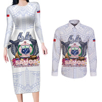 Samoa Independence Day Couples Matching Long Sleeve Bodycon Dress and Long Sleeve Button Shirt Samoa United For A New Beginning LT05 White - Polynesian Pride