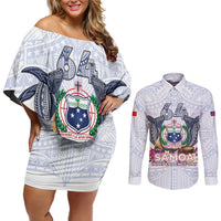 Samoa Independence Day Couples Matching Off Shoulder Short Dress and Long Sleeve Button Shirt Samoa United For A New Beginning LT05 White - Polynesian Pride