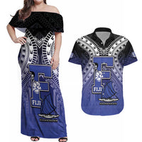 Custom Fiji Drua Couples Matching Off Shoulder Maxi Dress and Hawaiian Shirt Fijian Tapa Pattern