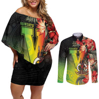 Aboriginal Dot Art Vanuatu Personalised Couples Matching Off Shoulder Short Dress and Long Sleeve Button Shirt Tropical Flowers