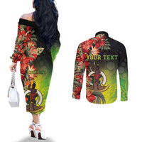 Aboriginal Dot Art Vanuatu Personalised Couples Matching Off The Shoulder Long Sleeve Dress and Long Sleeve Button Shirt Tropical Flowers