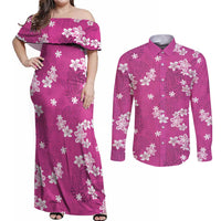 Hawaii Monstera Deliciosa Couples Matching Off Shoulder Maxi Dress and Long Sleeve Button Shirt Pink Plumeria Polynesian Pattern - Polynesian Pride