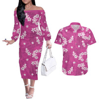 Hawaii Monstera Deliciosa Couples Matching Off The Shoulder Long Sleeve Dress and Hawaiian Shirt Pink Plumeria Polynesian Pattern - Polynesian Pride