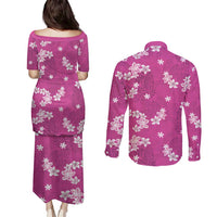 Hawaii Monstera Deliciosa Couples Matching Puletasi and Long Sleeve Button Shirt Pink Plumeria Polynesian Pattern LT05 - Polynesian Pride