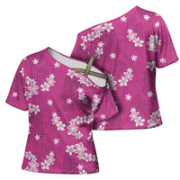 Hawaii Monstera Deliciosa Cross Shoulder Shirt Pink Plumeria Polynesian Pattern LT05 - Polynesian Pride