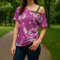 Hawaii Monstera Deliciosa Cross Shoulder Shirt Pink Plumeria Polynesian Pattern LT05 - Polynesian Pride