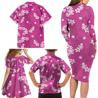 Hawaii Monstera Deliciosa Family Matching Long Sleeve Bodycon Dress and Hawaiian Shirt Pink Plumeria Polynesian Pattern - Polynesian Pride