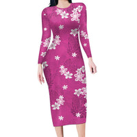 Hawaii Monstera Deliciosa Family Matching Long Sleeve Bodycon Dress and Hawaiian Shirt Pink Plumeria Polynesian Pattern - Polynesian Pride