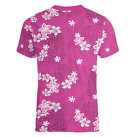 Hawaii Monstera Deliciosa Women V-Neck T-Shirt Pink Plumeria Polynesian Pattern - Polynesian Pride