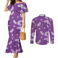 Hawaii Monstera Deliciosa Couples Matching Mermaid Dress and Long Sleeve Button Shirt Purple Plumeria Polynesian Pattern - Polynesian Pride