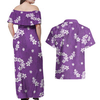 Hawaii Monstera Deliciosa Couples Matching Off Shoulder Maxi Dress and Hawaiian Shirt Purple Plumeria Polynesian Pattern - Polynesian Pride
