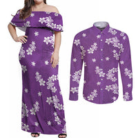 Hawaii Monstera Deliciosa Couples Matching Off Shoulder Maxi Dress and Long Sleeve Button Shirt Purple Plumeria Polynesian Pattern LT05 Purple - Polynesian Pride