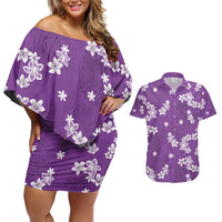 Hawaii Monstera Deliciosa Couples Matching Off Shoulder Short Dress and Hawaiian Shirt Purple Plumeria Polynesian Pattern LT05 Purple - Polynesian Pride
