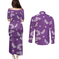 Hawaii Monstera Deliciosa Couples Matching Puletasi and Long Sleeve Button Shirt Purple Plumeria Polynesian Pattern LT05 - Polynesian Pride