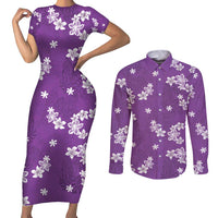 Hawaii Monstera Deliciosa Couples Matching Short Sleeve Bodycon Dress and Long Sleeve Button Shirt Purple Plumeria Polynesian Pattern LT05 Purple - Polynesian Pride