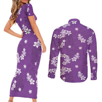 Hawaii Monstera Deliciosa Couples Matching Short Sleeve Bodycon Dress and Long Sleeve Button Shirt Purple Plumeria Polynesian Pattern LT05 - Polynesian Pride