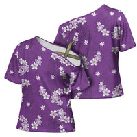 Hawaii Monstera Deliciosa Cross Shoulder Shirt Purple Plumeria Polynesian Pattern LT05 - Polynesian Pride