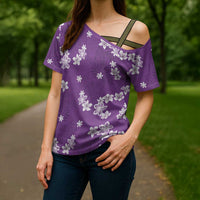 Hawaii Monstera Deliciosa Cross Shoulder Shirt Purple Plumeria Polynesian Pattern LT05 - Polynesian Pride