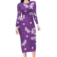 Hawaii Monstera Deliciosa Long Sleeve Bodycon Dress Purple Plumeria Polynesian Pattern - Polynesian Pride