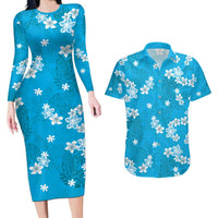 Hawaii Monstera Deliciosa Couples Matching Long Sleeve Bodycon Dress and Hawaiian Shirt Blue Plumeria Polynesian Pattern LT05 Blue - Polynesian Pride