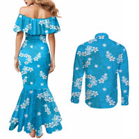 Hawaii Monstera Deliciosa Couples Matching Mermaid Dress and Long Sleeve Button Shirt Blue Plumeria Polynesian Pattern LT05 - Polynesian Pride