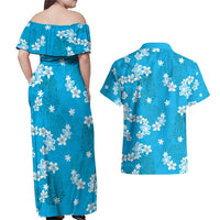 Hawaii Monstera Deliciosa Couples Matching Off Shoulder Maxi Dress and Hawaiian Shirt Blue Plumeria Polynesian Pattern LT05 - Polynesian Pride