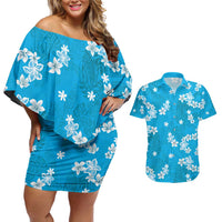 Hawaii Monstera Deliciosa Couples Matching Off Shoulder Short Dress and Hawaiian Shirt Blue Plumeria Polynesian Pattern LT05 Blue - Polynesian Pride