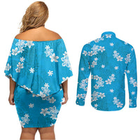 Hawaii Monstera Deliciosa Couples Matching Off Shoulder Short Dress and Long Sleeve Button Shirt Blue Plumeria Polynesian Pattern LT05 - Polynesian Pride