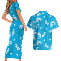 Hawaii Monstera Deliciosa Couples Matching Short Sleeve Bodycon Dress and Hawaiian Shirt Blue Plumeria Polynesian Pattern LT05 - Polynesian Pride