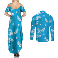 Hawaii Monstera Deliciosa Couples Matching Summer Maxi Dress and Long Sleeve Button Shirt Blue Plumeria Polynesian Pattern LT05 - Polynesian Pride