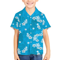 Hawaii Monstera Deliciosa Family Matching Off The Shoulder Long Sleeve Dress and Hawaiian Shirt Blue Plumeria Polynesian Pattern - Polynesian Pride