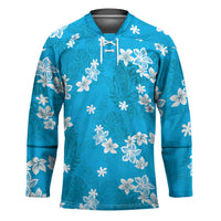 Hawaii Monstera Deliciosa Hockey Jersey Blue Plumeria Polynesian Pattern - Polynesian Pride