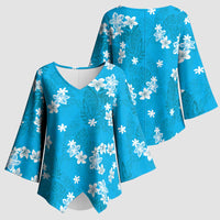 Hawaii Monstera Deliciosa Kimono Sleeve Blouse Blue Plumeria Polynesian Pattern - Polynesian Pride