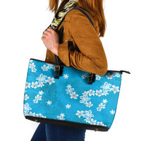 Hawaii Monstera Deliciosa Leather Tote Bag Blue Plumeria Polynesian Pattern - Polynesian Pride