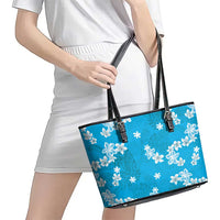 Hawaii Monstera Deliciosa Leather Tote Bag Blue Plumeria Polynesian Pattern - Polynesian Pride