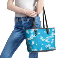 Hawaii Monstera Deliciosa Leather Tote Bag Blue Plumeria Polynesian Pattern - Polynesian Pride