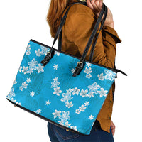 Hawaii Monstera Deliciosa Leather Tote Bag Blue Plumeria Polynesian Pattern - Polynesian Pride