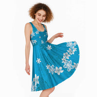 Hawaii Monstera Deliciosa Midi Dress Blue Plumeria Polynesian Pattern - Polynesian Pride