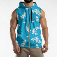 Hawaii Monstera Deliciosa Sleeveless Zip Hoodie Blue Plumeria Polynesian Pattern - Polynesian Pride
