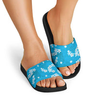 Hawaii Monstera Deliciosa Slide Sandals Blue Plumeria Polynesian Pattern - Polynesian Pride