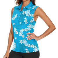 Hawaii Monstera Deliciosa Women Sleeveless Polo Shirt Blue Plumeria Polynesian Pattern LT05 - Polynesian Pride