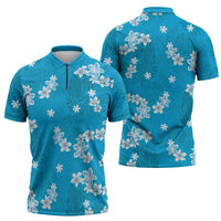 Hawaii Monstera Deliciosa Zipper Polo Shirt Blue Plumeria Polynesian Pattern LT05 - Polynesian Pride