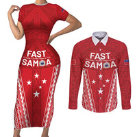 Samoa FAST Couples Matching Short Sleeve Bodycon Dress and Long Sleeve Button Shirt Forever Proud Samoan Tribal Pattern LT05 Red - Polynesian Pride