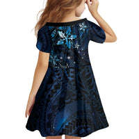 Hawaii Makahiki Season Family Matching Off Shoulder Short Dress and Hawaiian Shirt Floral Tribal Tattoo Blue Galaxy