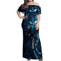 Hawaii Makahiki Season Off Shoulder Maxi Dress Floral Tribal Tattoo Blue Galaxy LT05 Women Blue - Polynesian Pride