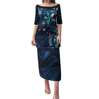 Hawaii Makahiki Season Puletasi Floral Tribal Tattoo Blue Galaxy LT05 Long Dress Blue - Polynesian Pride