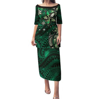 Hawaii Makahiki Season Puletasi Floral Tribal Tattoo Green Galaxy LT05 Long Dress Green - Polynesian Pride