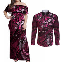 Hawaii Makahiki Season Couples Matching Off Shoulder Maxi Dress and Long Sleeve Button Shirt Floral Tribal Tattoo Pink Galaxy